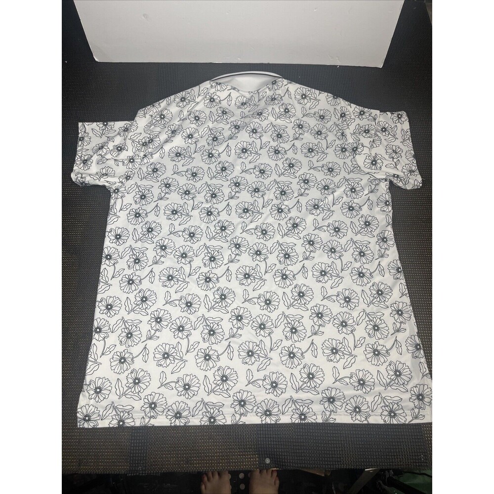 Mens XXL Slim Fit Floral Print Short Sleeve Polo Shirt White Black - Picture 7 of 7